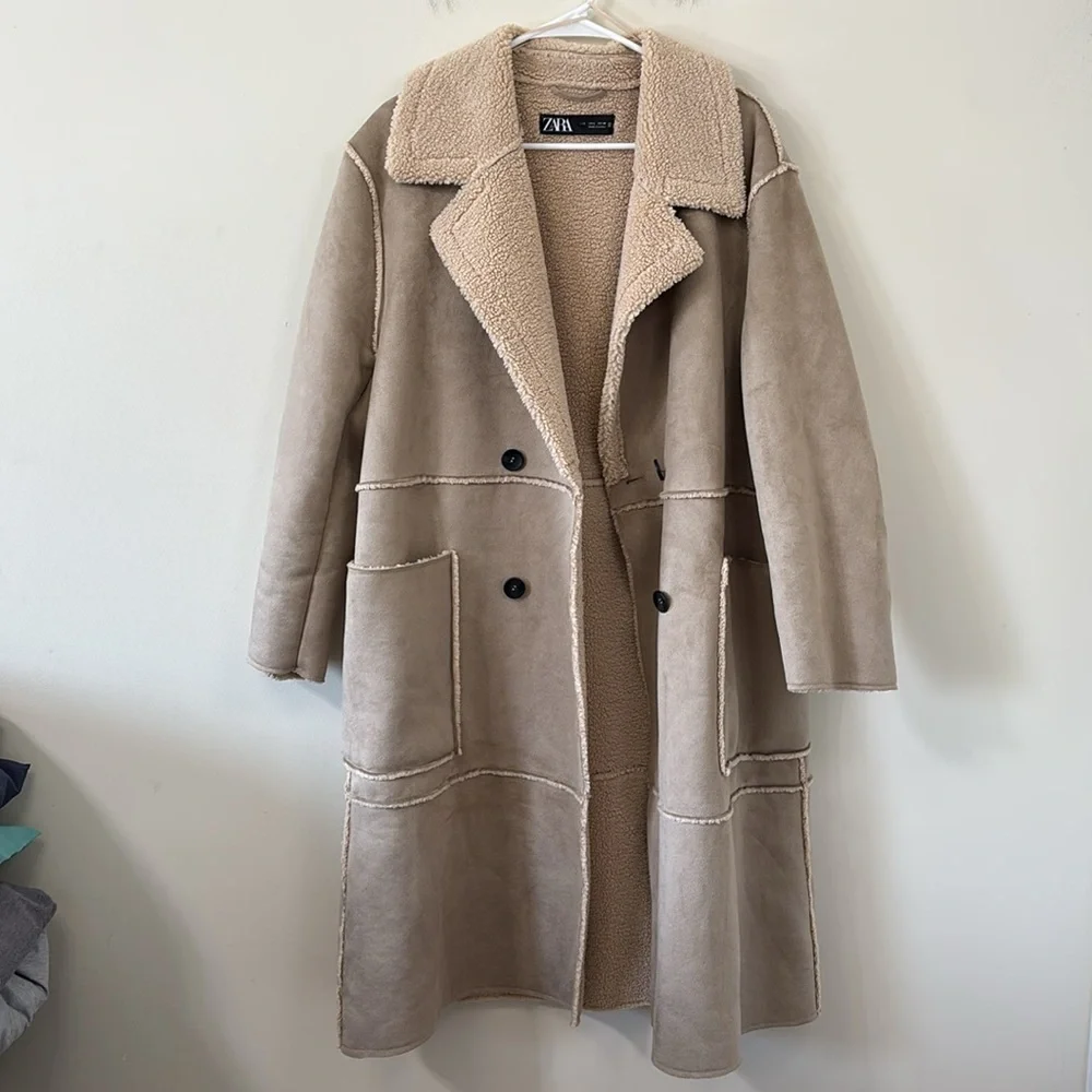 ZARA Contrasting Fleece Suede Long Coat Size Large - Picture 11 of 14
